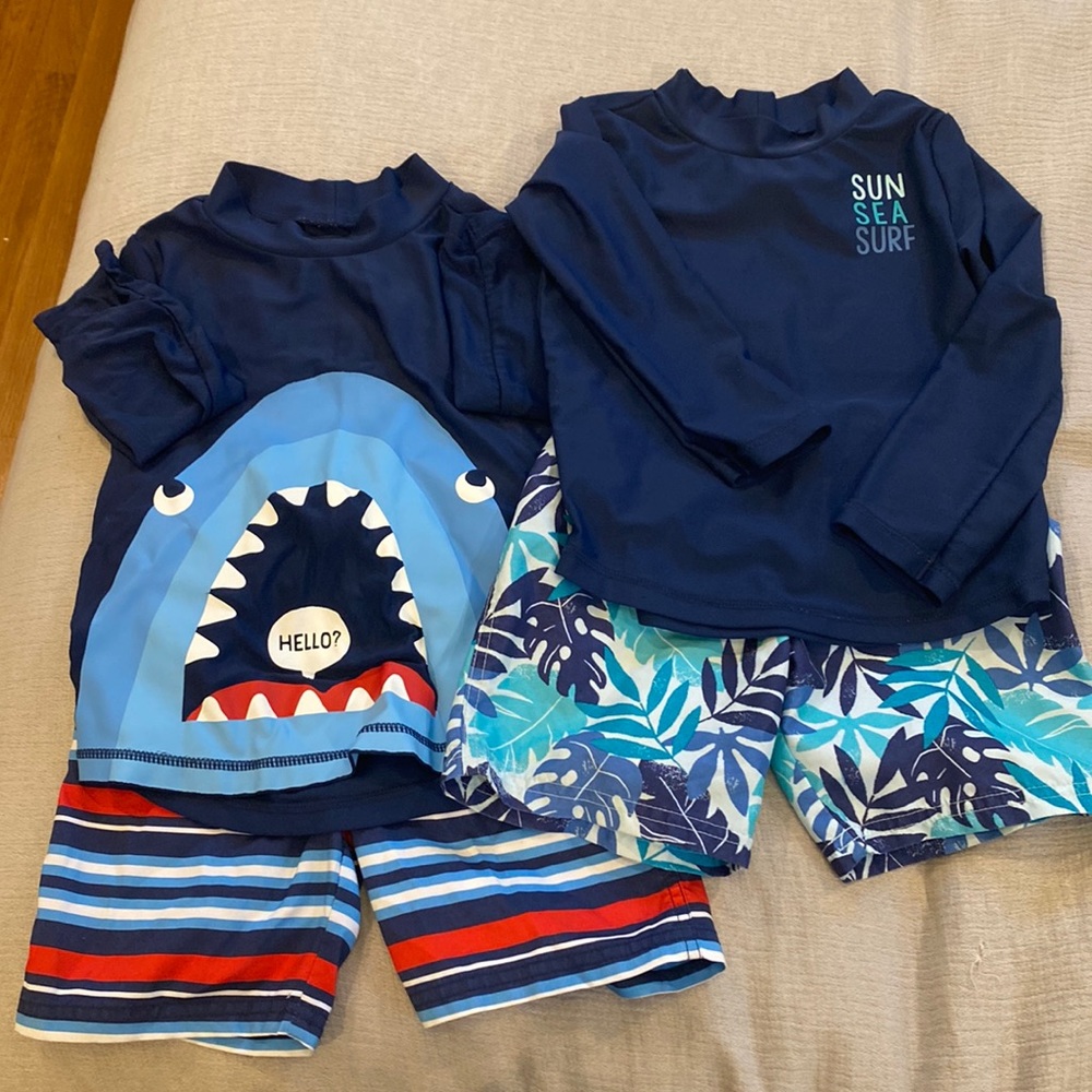 Bathing suit trunks and rash guard